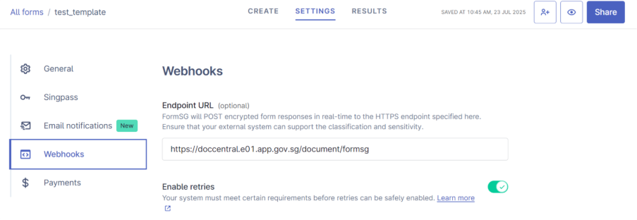 formsg webhook set up