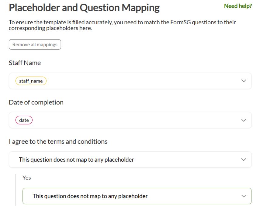 Placeholder and Question Mapping