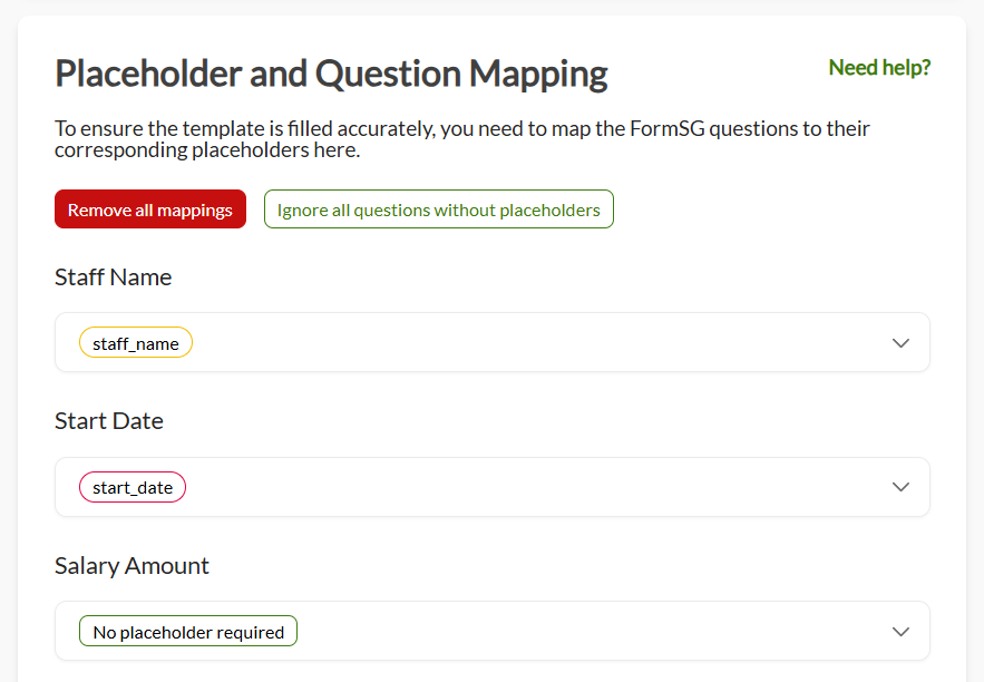 Placeholder and Question Mapping