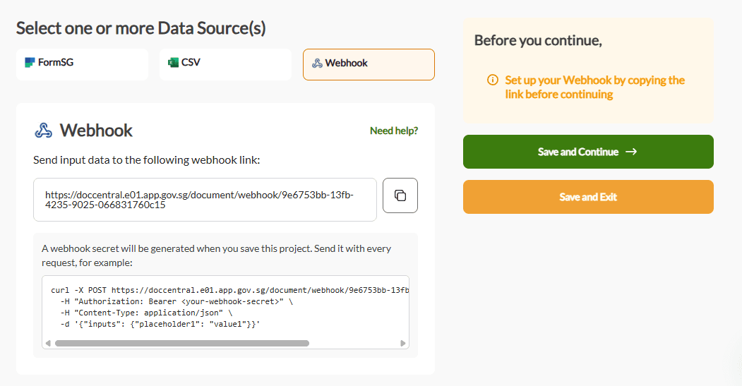 Copy the generated webhook link