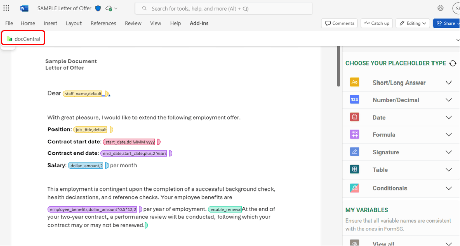 docCentral Add-In